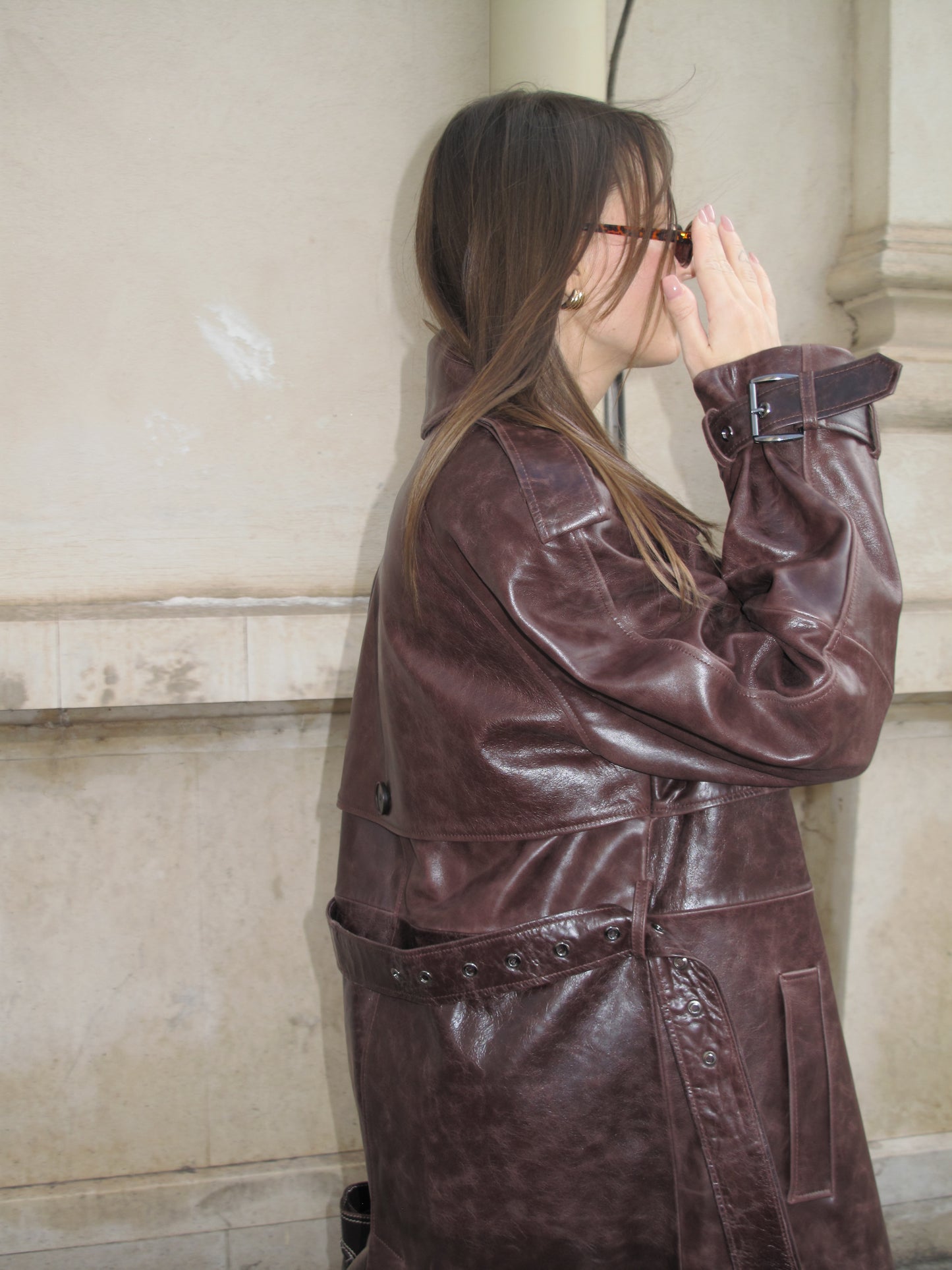 Trenchcoat aus echtem Leder in Haselnussbraun