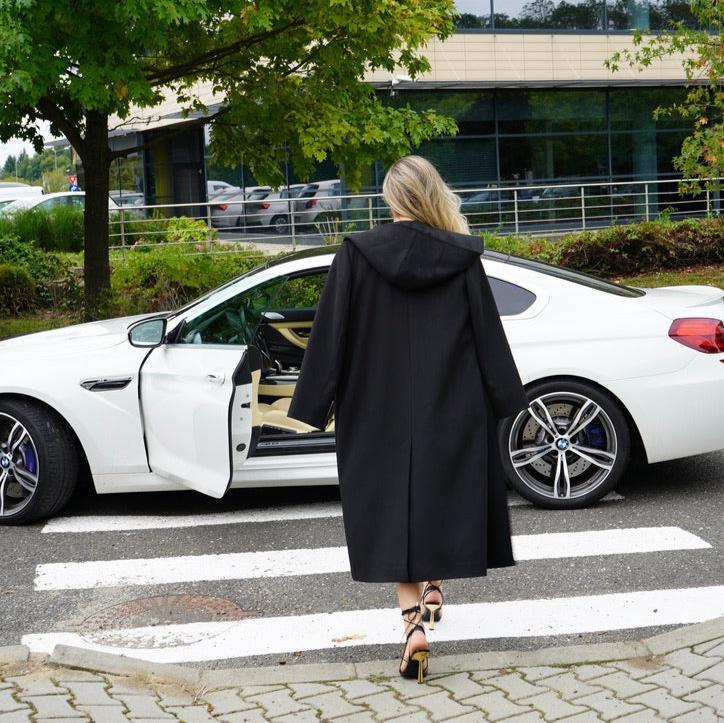 Palton Kira negru cu gluga din casmir - INURI