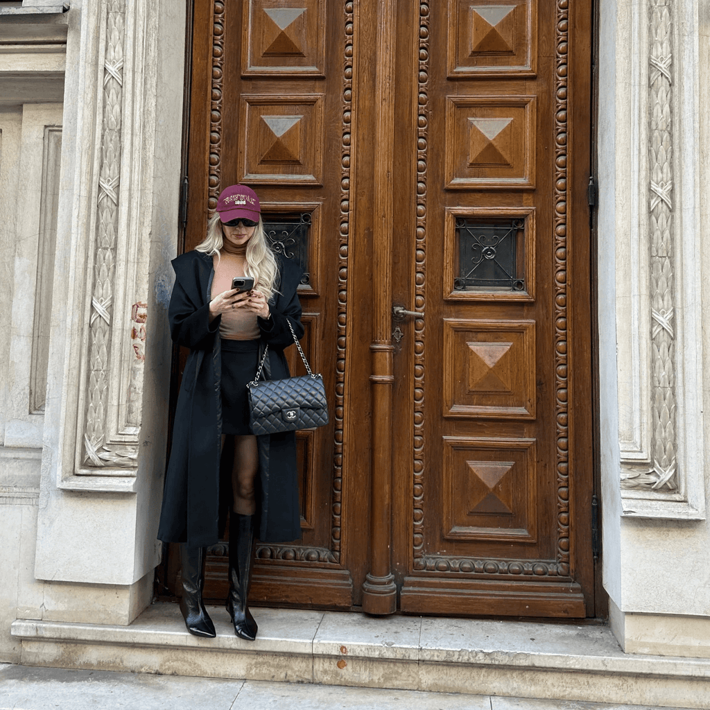 Palton Kira negru cu gluga din casmir - INURI